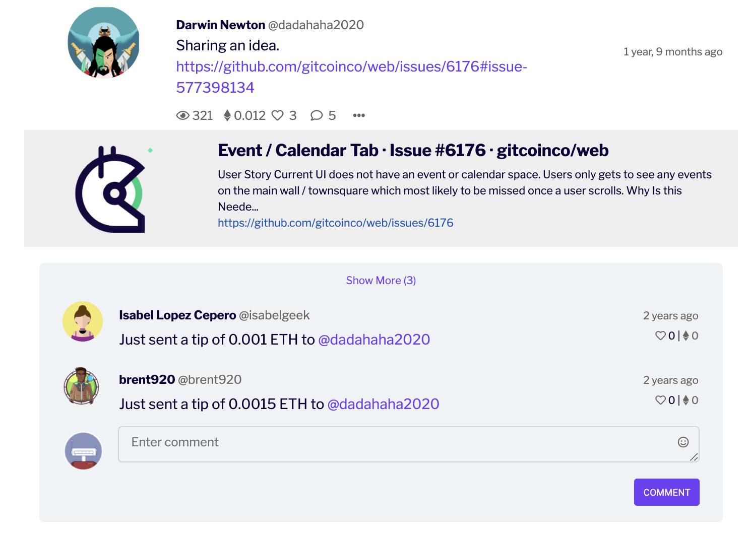 Example post that received tips on Gitcoin Townsquare